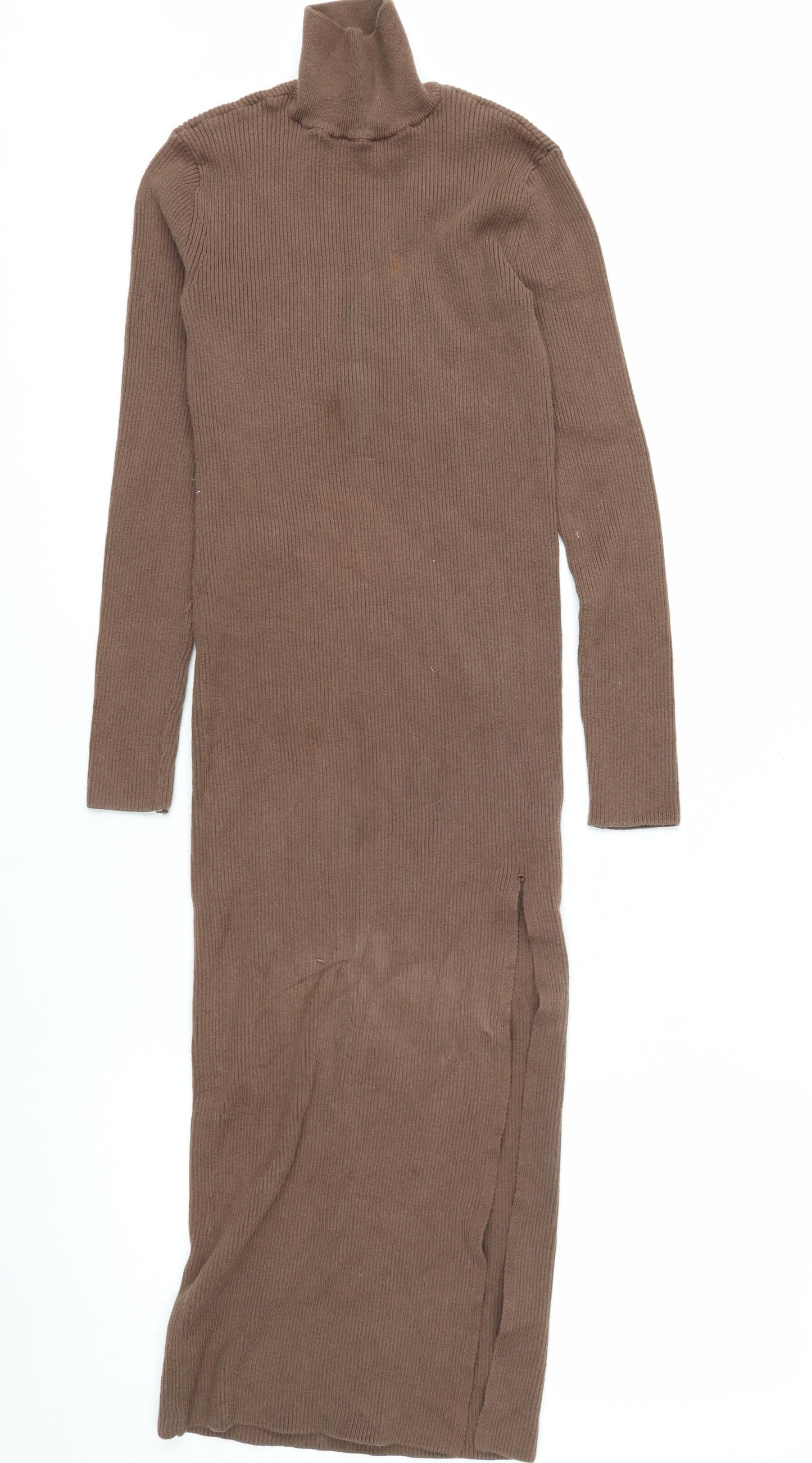 Zara Women Brown Roll Neck Ribbed Knit Bodycon Midi Dress Size 8