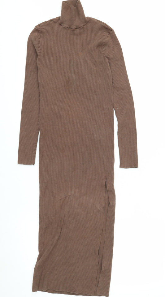 Preloved Zara Women Brown Roll Neck Ribbed Knit Bodycon Midi Dress Size 8 - Front
