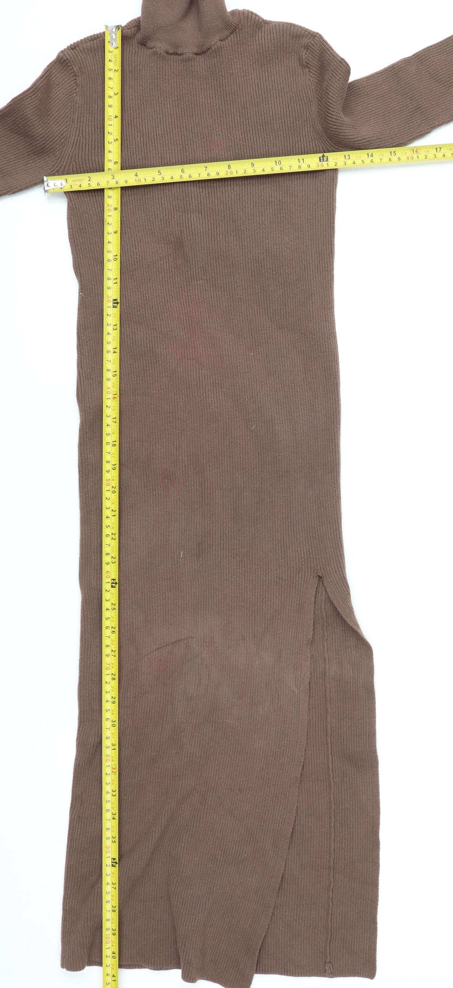 Zara Women Brown Roll Neck Ribbed Knit Bodycon Midi Dress Size 8