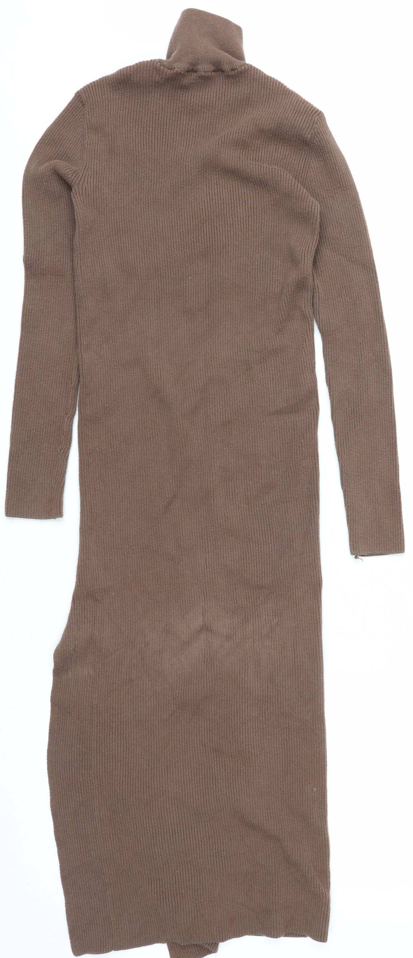 Zara Women Brown Roll Neck Ribbed Knit Bodycon Midi Dress Size 8
