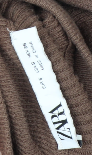 Zara Women Brown Roll Neck Ribbed Knit Bodycon Midi Dress Size 8