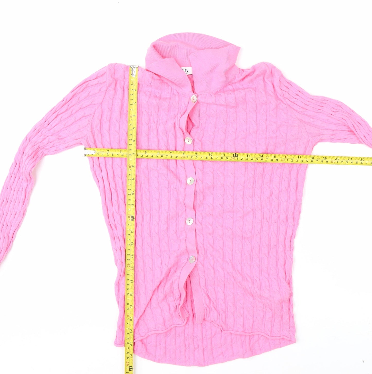 Zara Women Pink Cotton Button-Up Collared Knit Top Size S