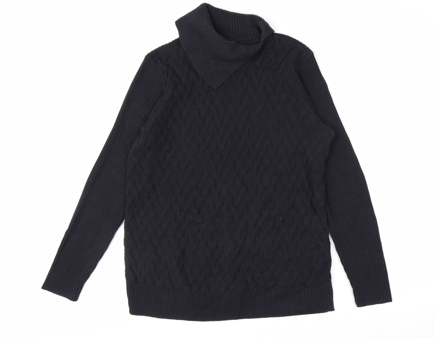 Lands' End Men's Black Cotton Roll Neck Cable Knit Jumper M