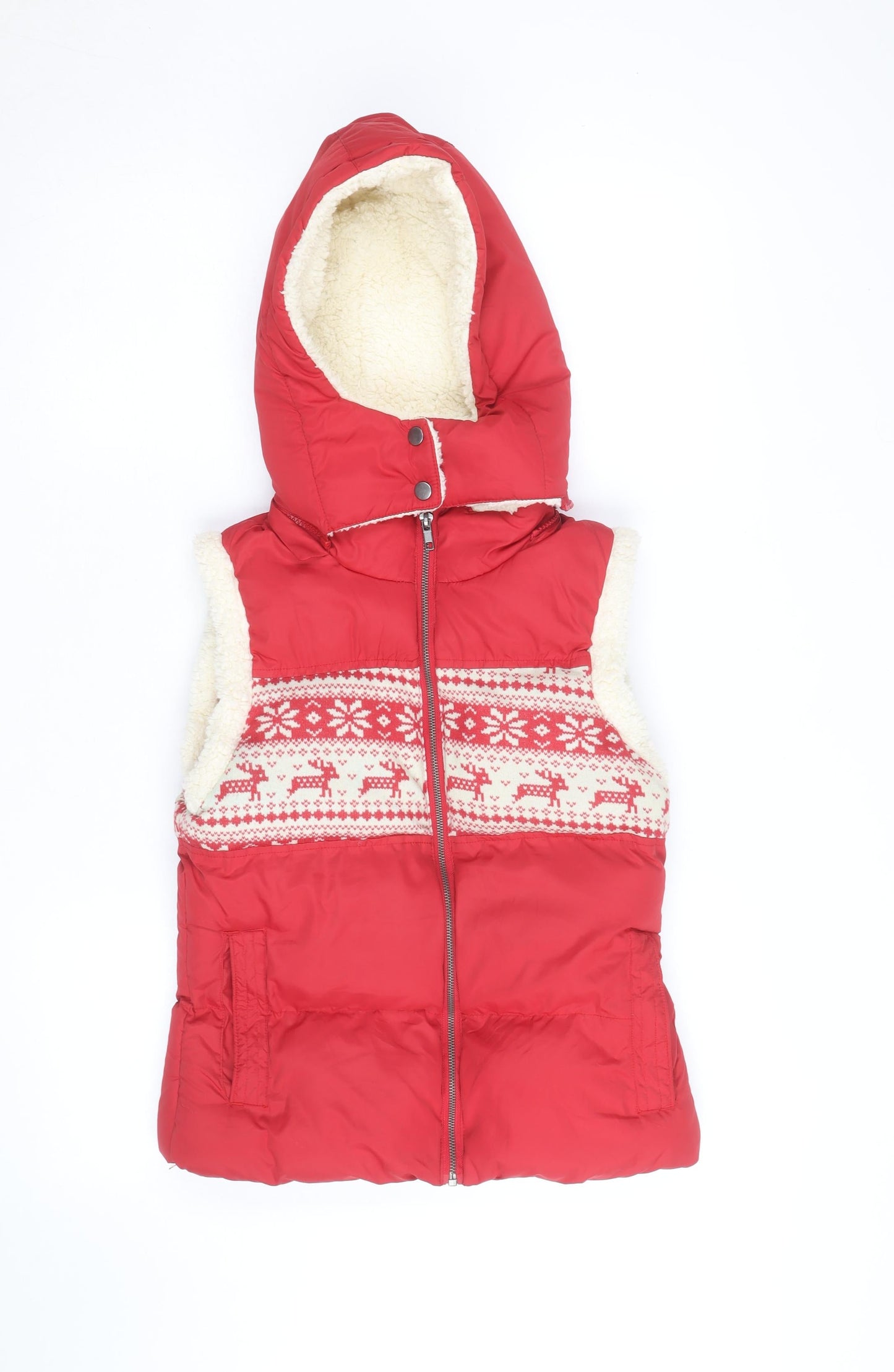 John Lewis Women Red Hooded Puffer Waistcoat Size S Christmas Fair Isle Fleece Lined