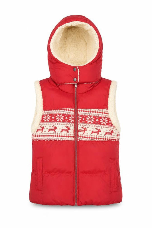 John Lewis Women Red Hooded Puffer Waistcoat Size S Christmas Fair Isle Fleece Lined