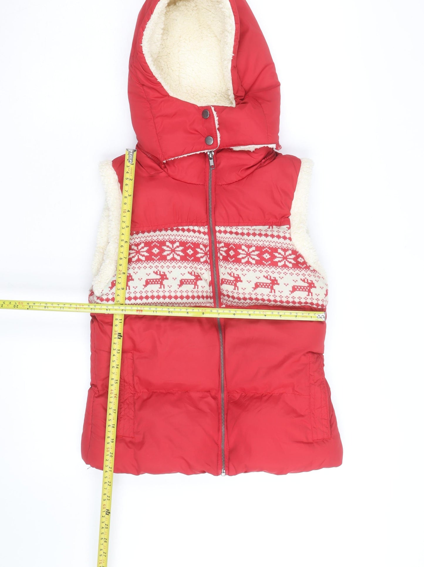 John Lewis Women Red Hooded Puffer Waistcoat Size S Christmas Fair Isle Fleece Lined