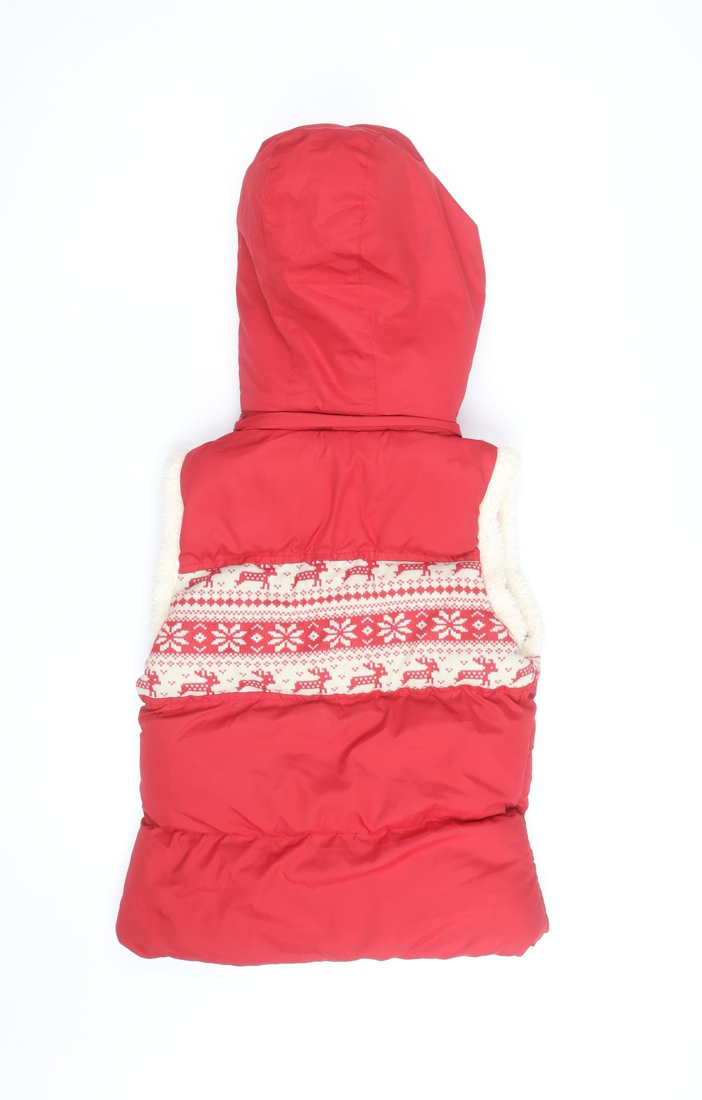 John Lewis Women Red Hooded Puffer Waistcoat Size S Christmas Fair Isle Fleece Lined