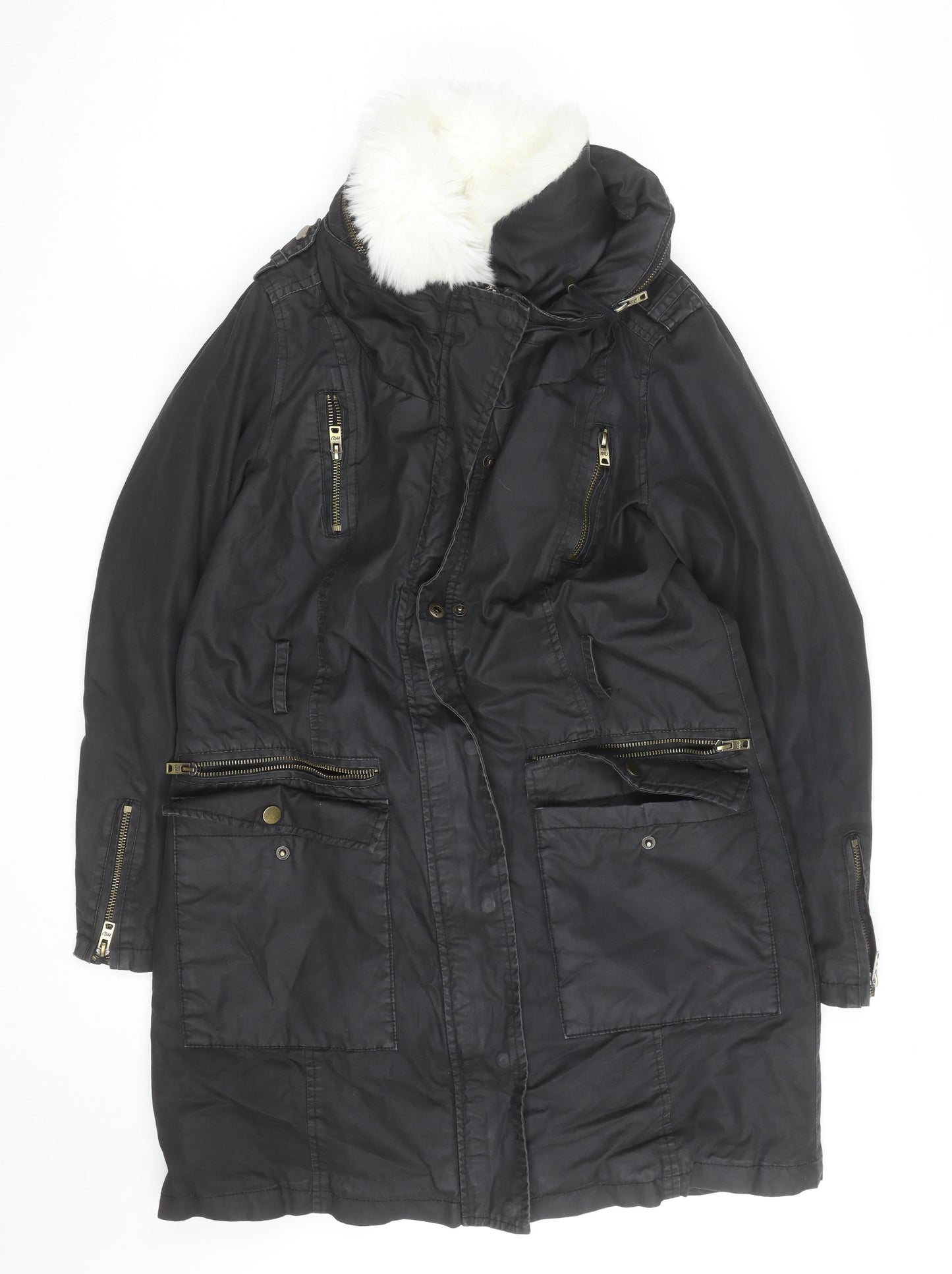 Mint Velvet Women's Black Faux Fur Trimmed Parka Coat Size 10