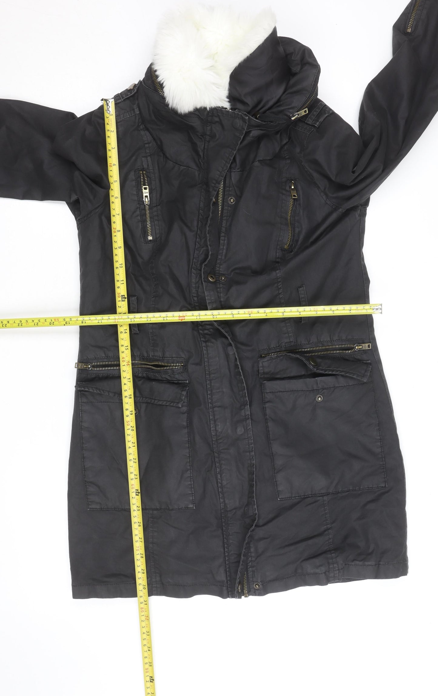Mint Velvet Women's Black Faux Fur Trimmed Parka Coat Size 10
