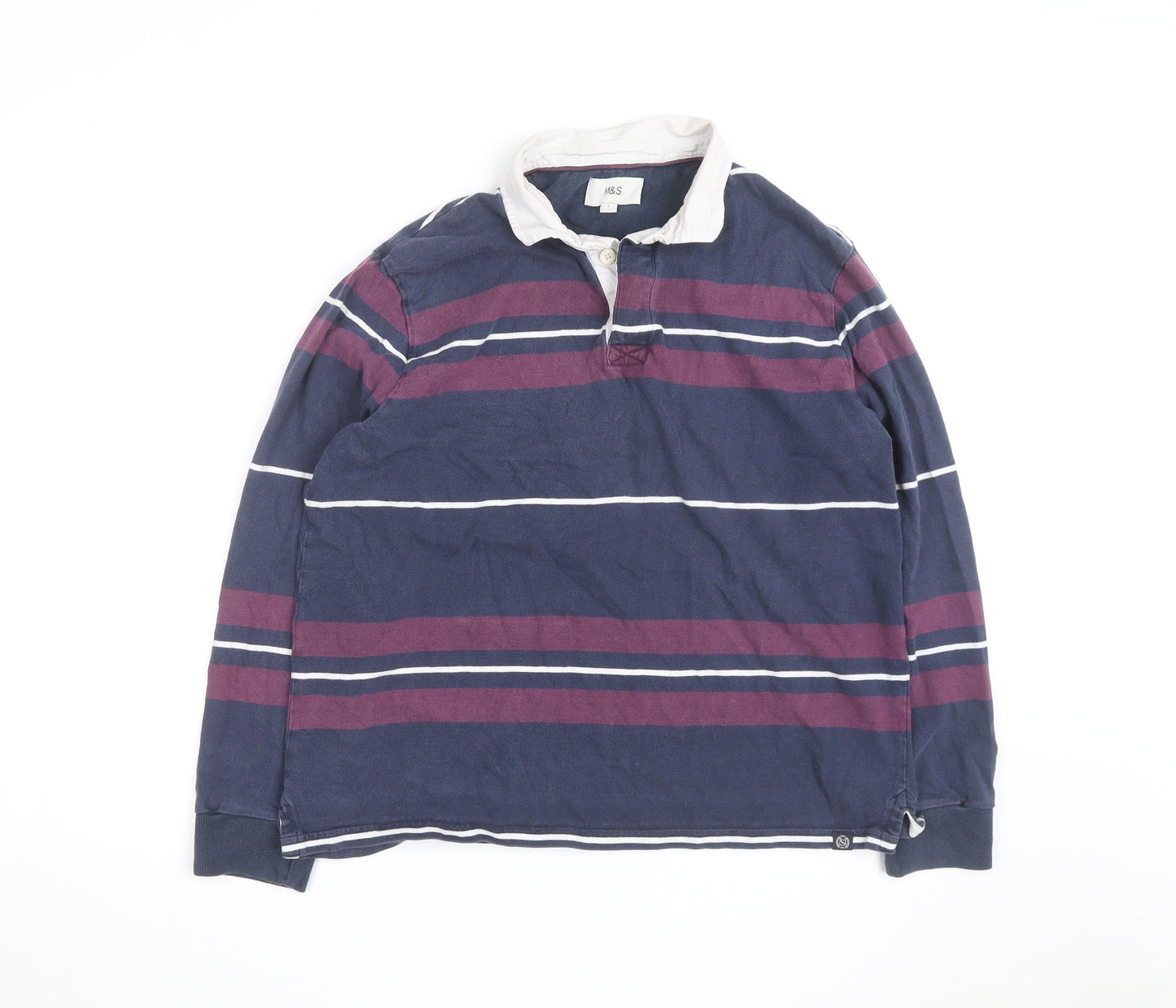 Marks and Spencer Men's Blue Striped Long Sleeve Rugby Shirt M