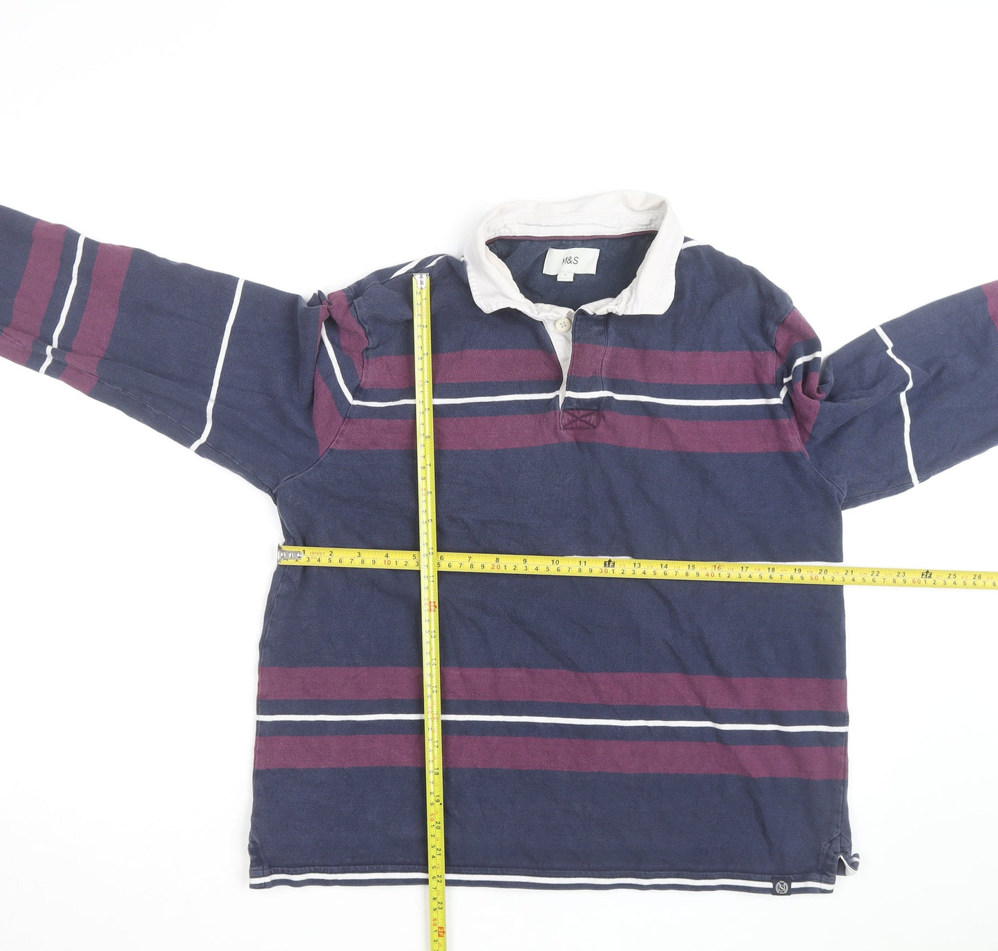 Marks and Spencer Men's Blue Striped Long Sleeve Rugby Shirt M