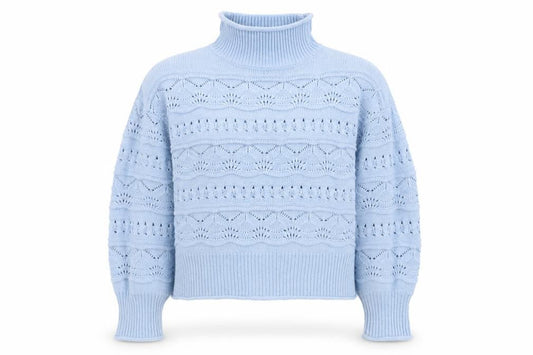 Front view of French Connection Women Blue Roll Neck Open Knit Jumper, size S