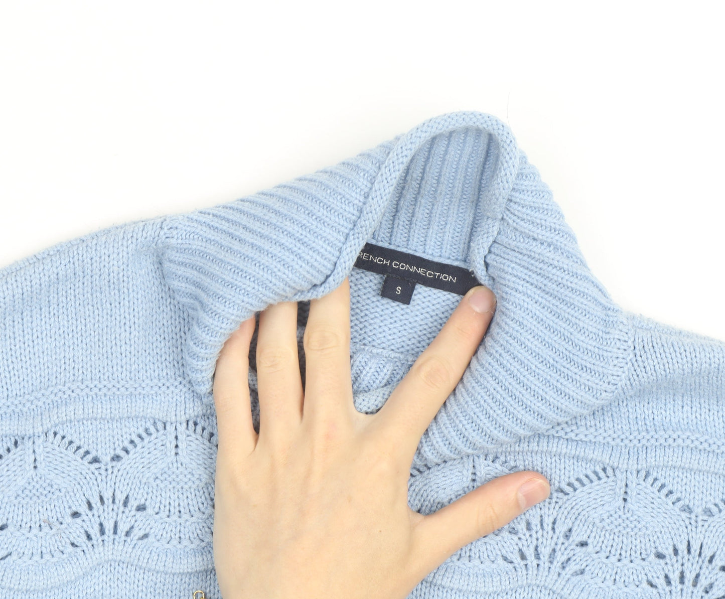 French Connection Women Blue Roll Neck Open Knit Jumper Size S