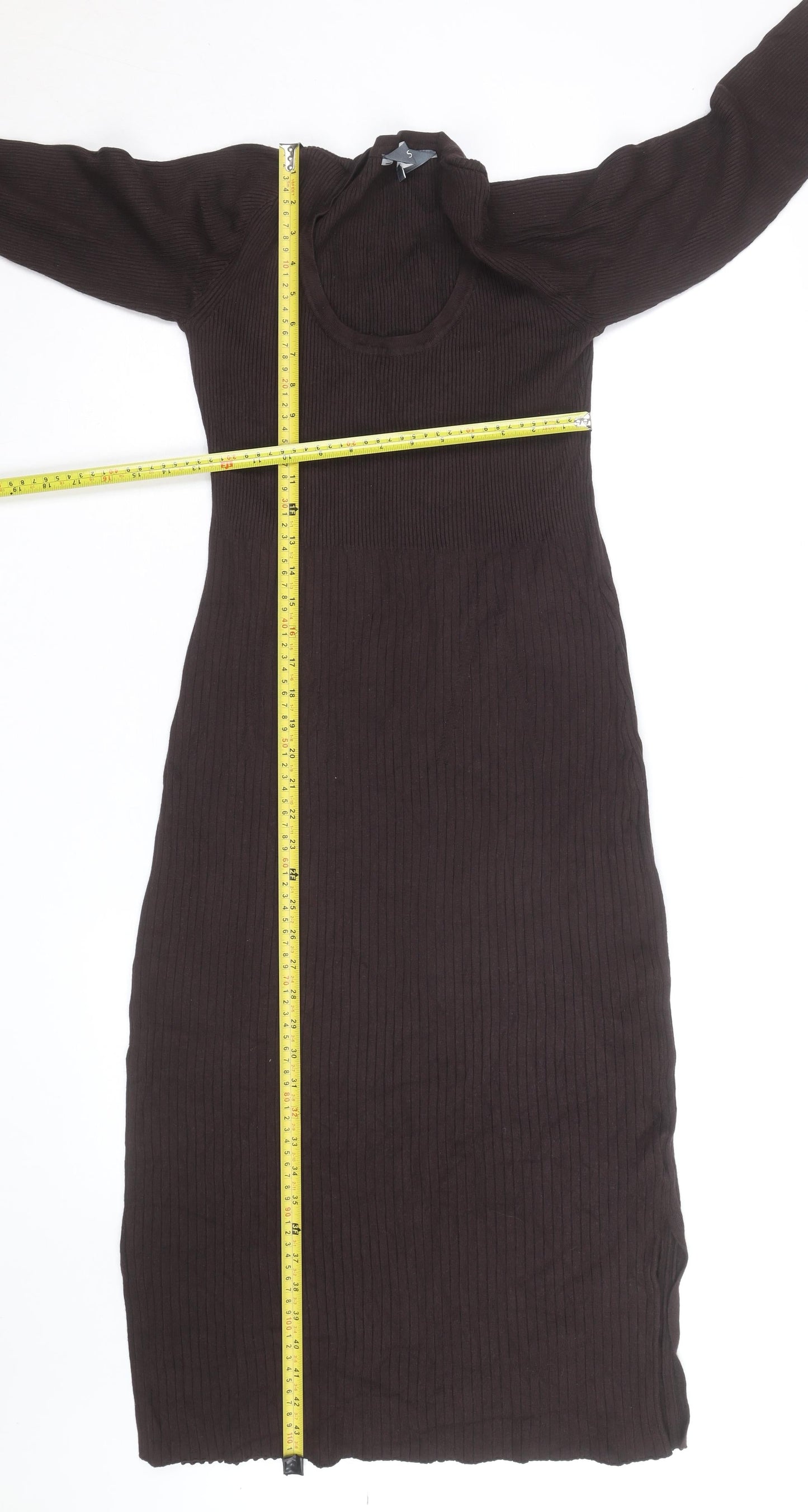 Sosandar Women Brown Ribbed Knit Midi Bodycon Dress Size 12