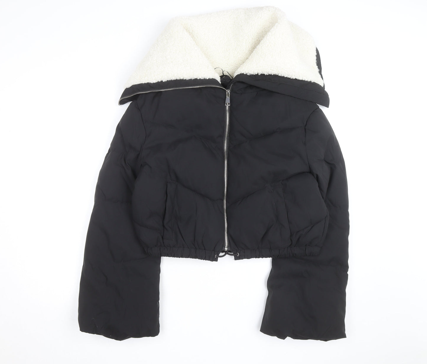 Flamme Mode Women’s Black Cropped Puffer Jacket with Faux Fur Collar Size M
