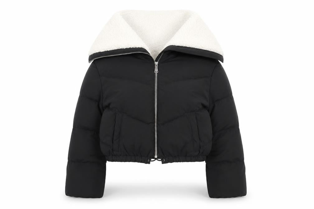Flamme Mode Women’s Black Cropped Puffer Jacket with Faux Fur Collar Size M