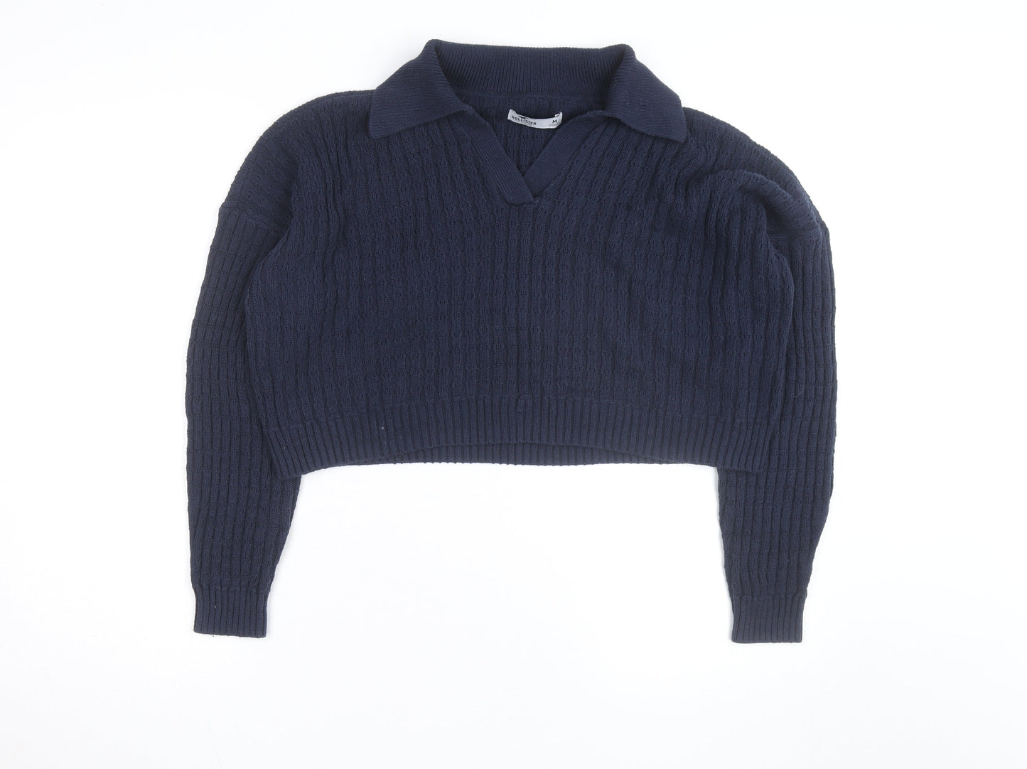 Hollister Women's Blue Collared Cable-Knit Pullover Jumper M