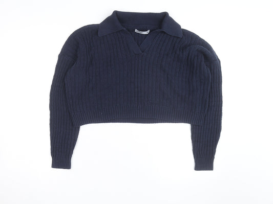 Hollister Women's Blue Collared Cable-Knit Pullover Jumper M