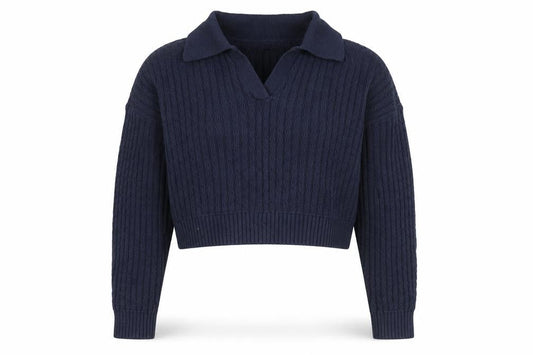 Hollister Women's Blue Collared Cable-Knit Pullover Jumper M