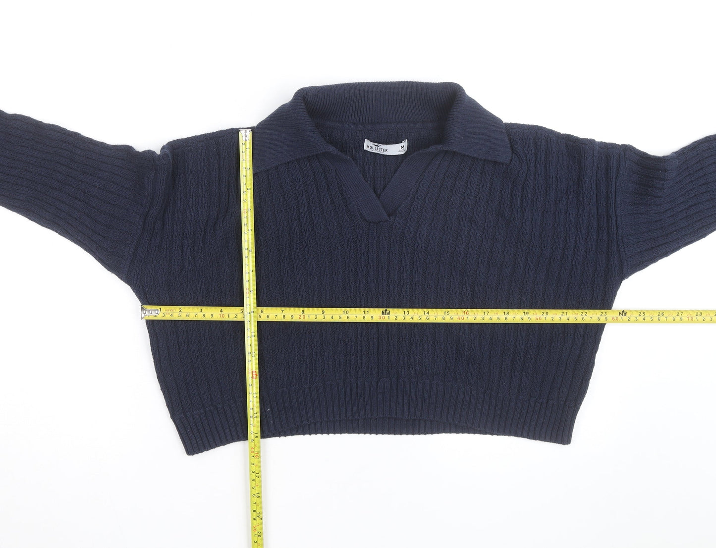 Hollister Women's Blue Collared Cable-Knit Pullover Jumper M