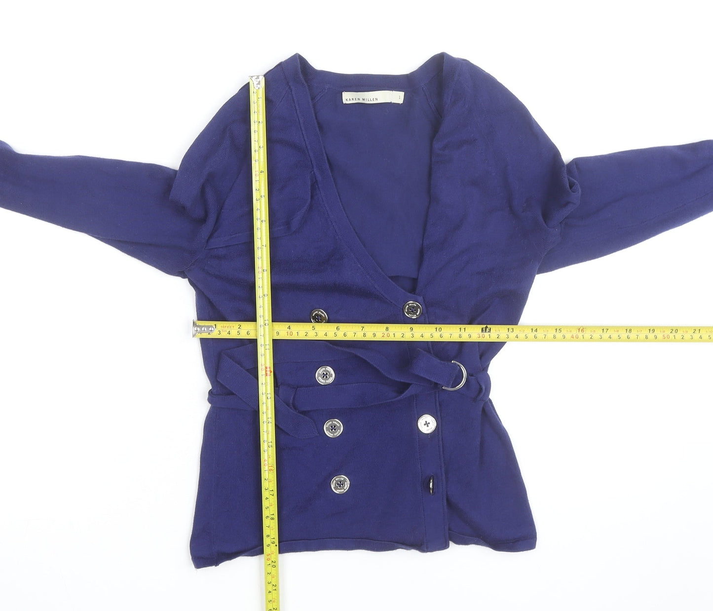 Karen Millen Women's Blue Belted V-Neck Cardigan Size S