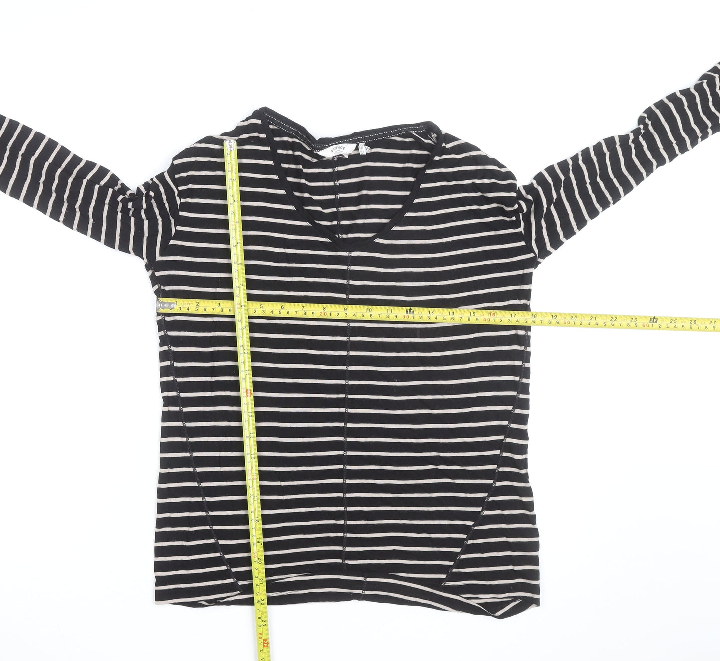 FatFace Women’s Black Striped Long Sleeve V-Neck Cotton T-Shirt Size 6