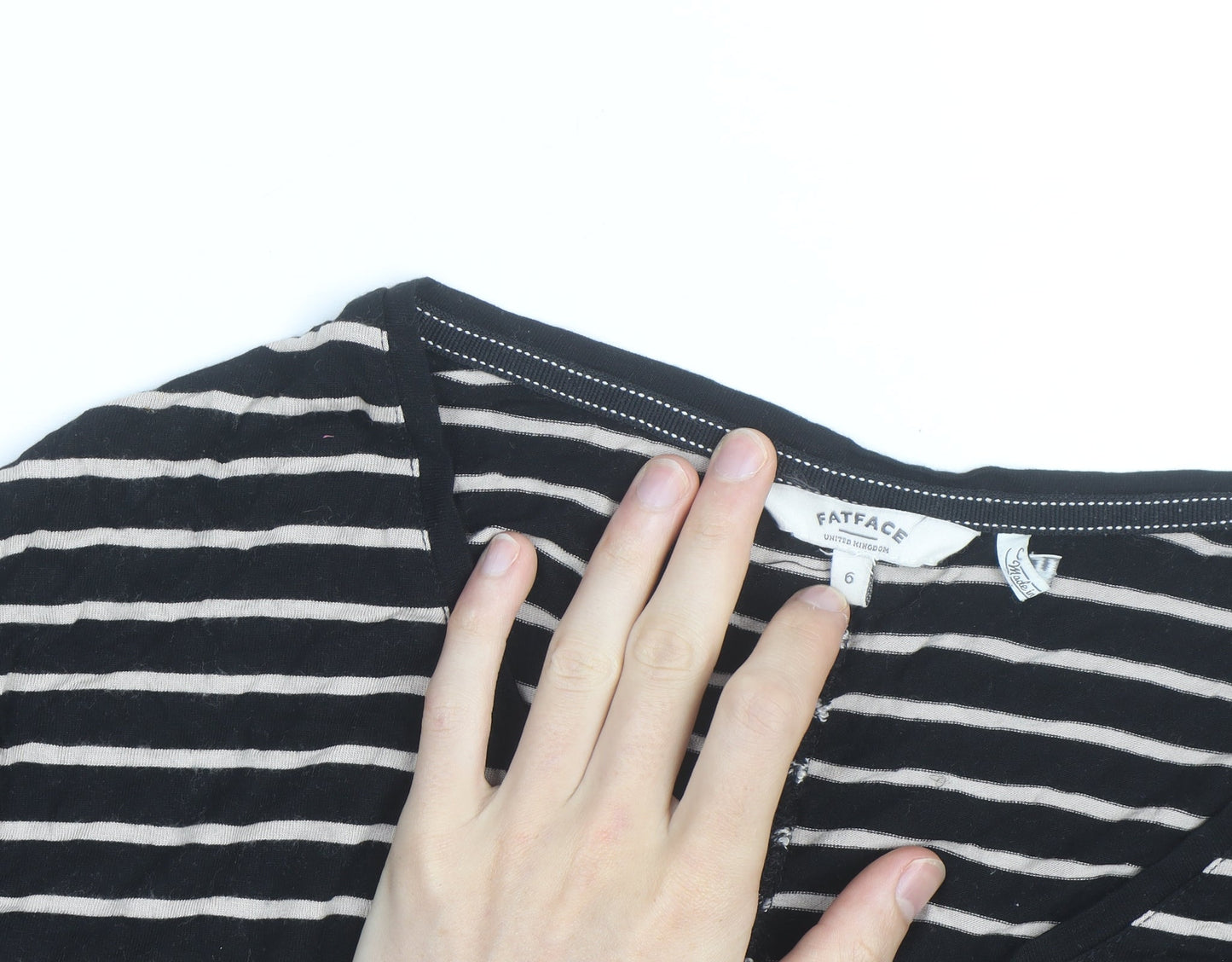 FatFace Women’s Black Striped Long Sleeve V-Neck Cotton T-Shirt Size 6