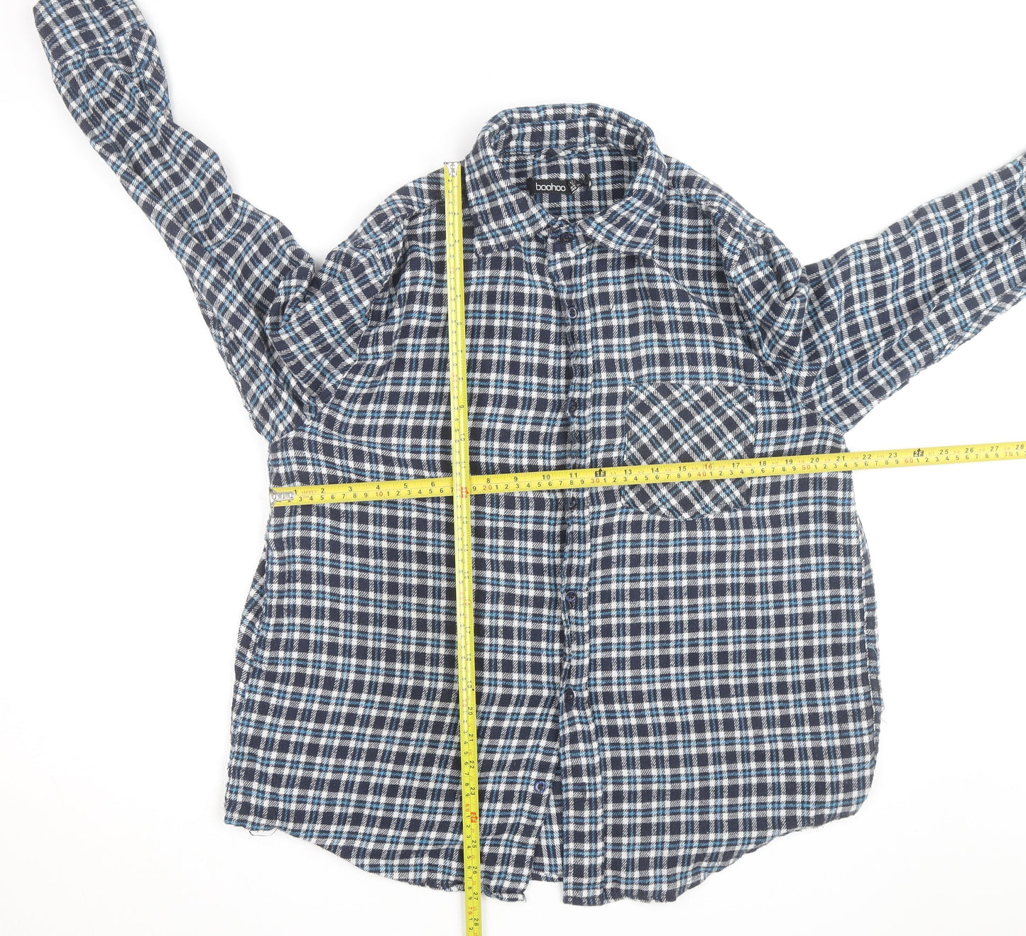 Boohoo Womens Blue Check Flannel Long Sleeve Button-Up Shirt Size 8