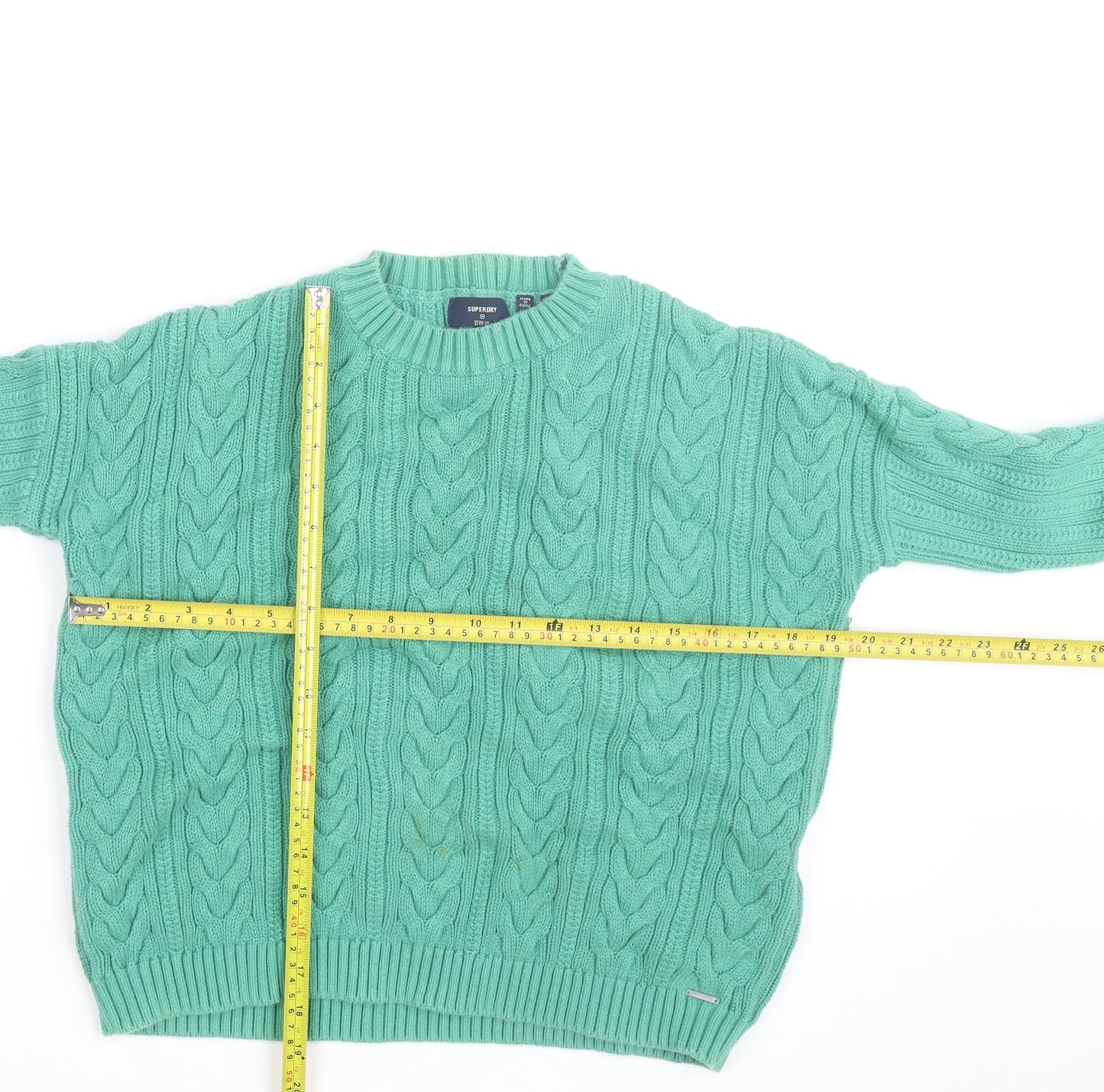Superdry Women's Green Cable-Knit Cotton Jumper Size 8