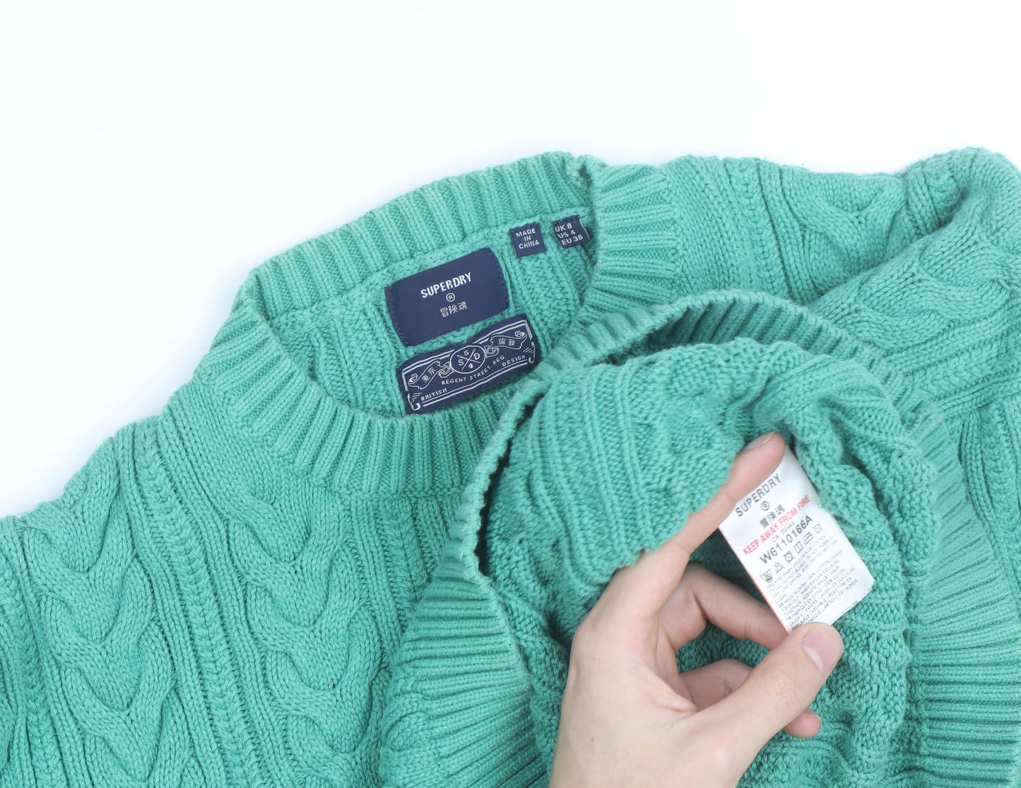 Superdry Women's Green Cable-Knit Cotton Jumper Size 8