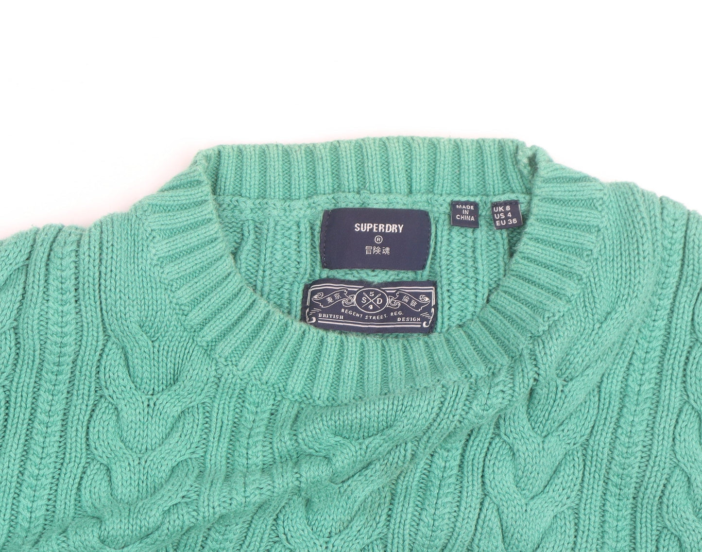 Superdry Women's Green Cable-Knit Cotton Jumper Size 8