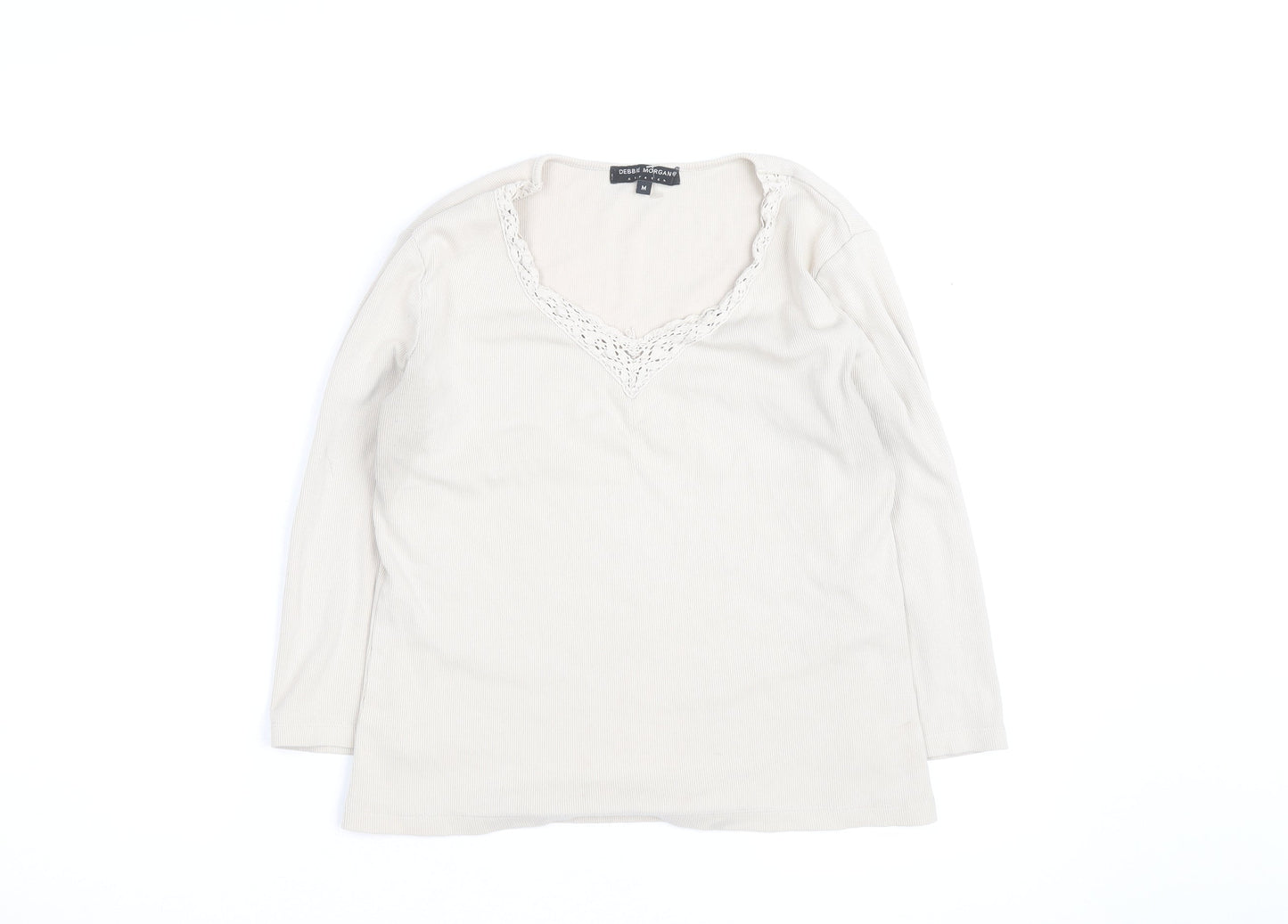 Debbie Morgan Women Beige V-Neck Lace Trim Stretch Jumper M