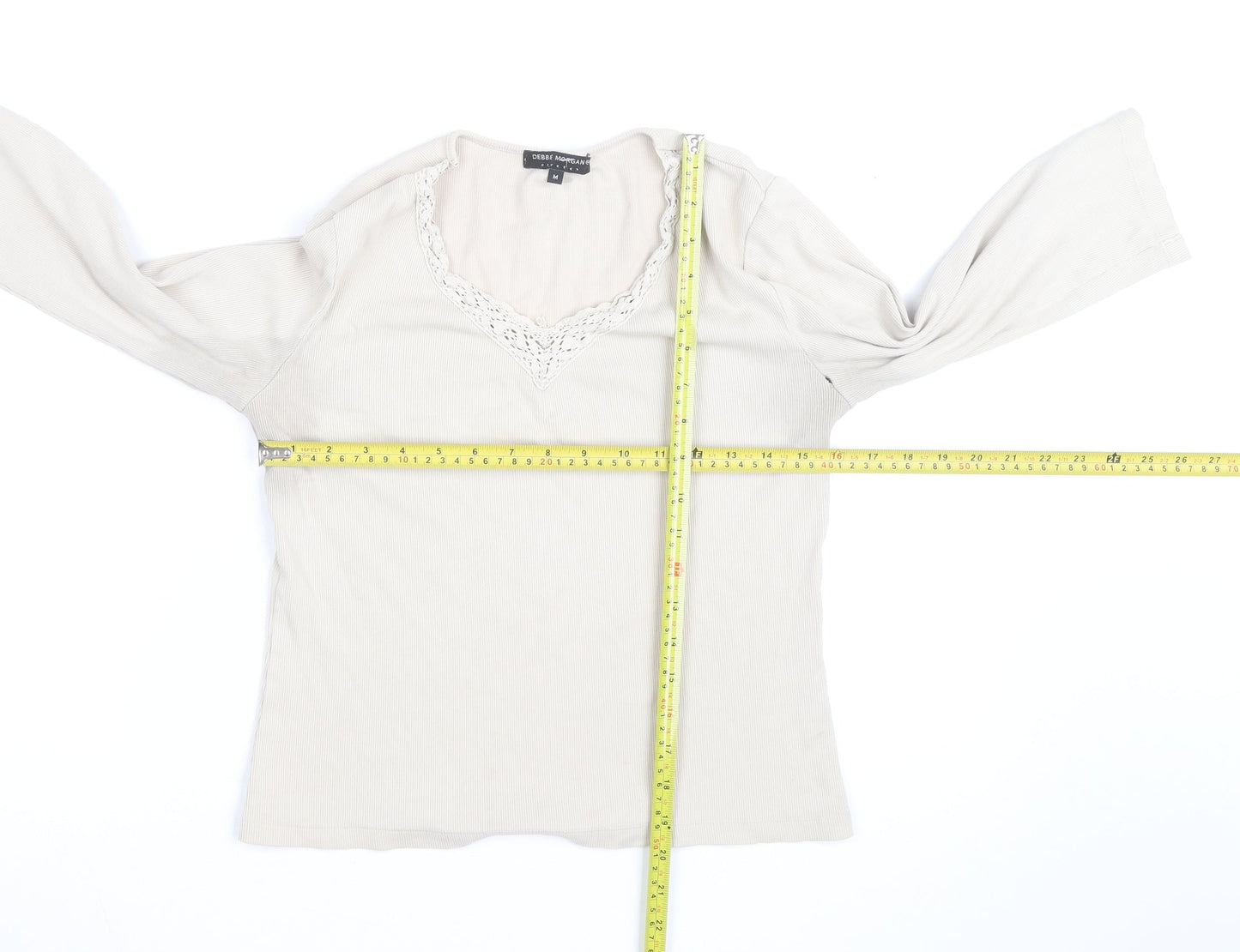 Debbie Morgan Women Beige V-Neck Lace Trim Stretch Jumper M