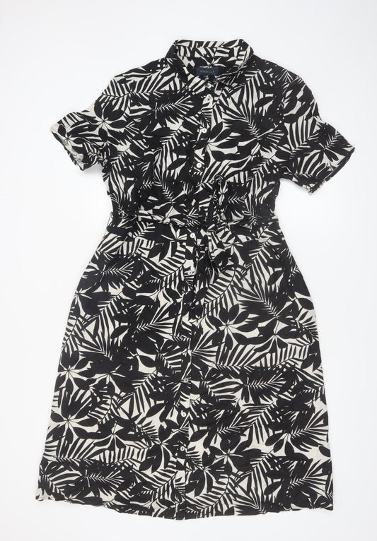 Viyella Women’s Black Floral Shirt Dress Size 14 Short Sleeve Knee Length
