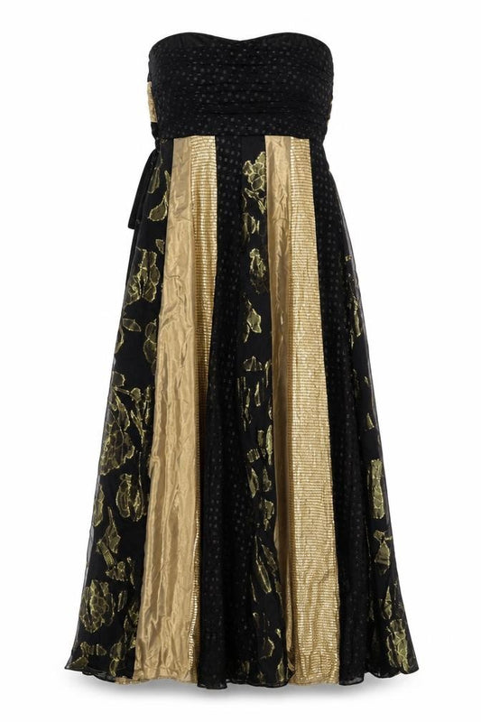 Monsoon Petite Black Gold Silk Strapless Ball Gown Dress UK 12