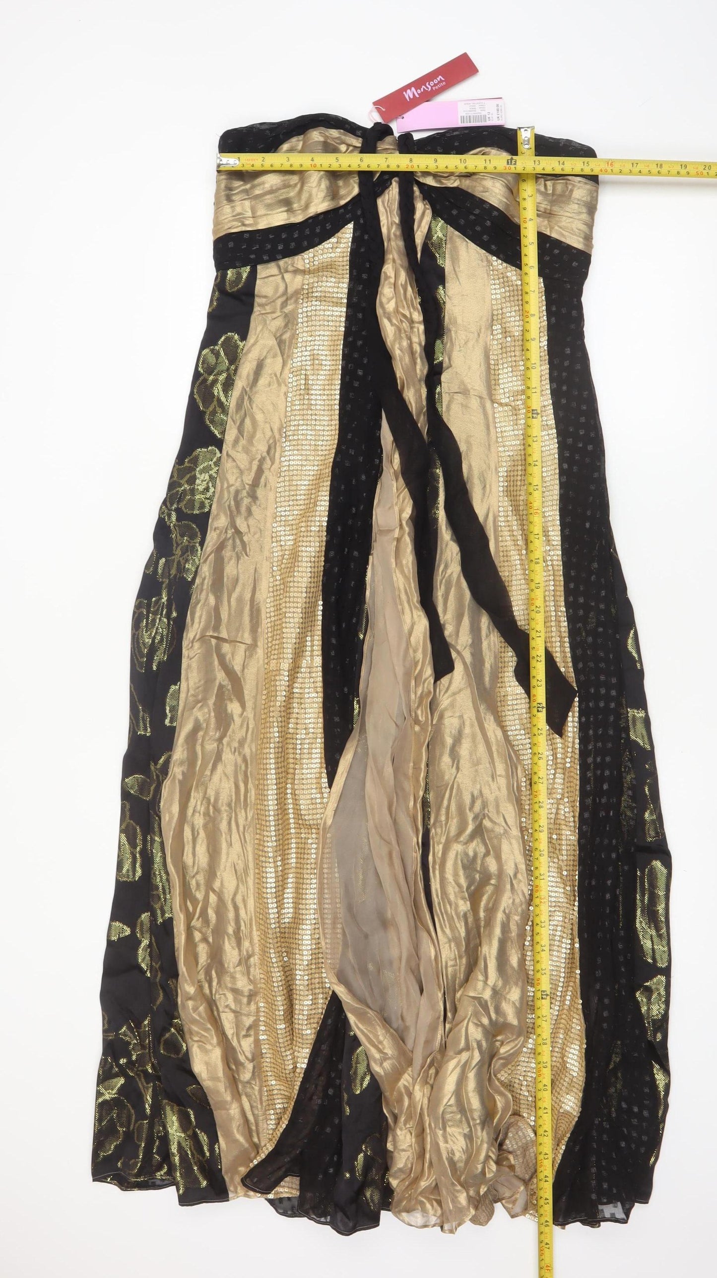 Monsoon Petite Black Gold Silk Strapless Ball Gown Dress UK 12