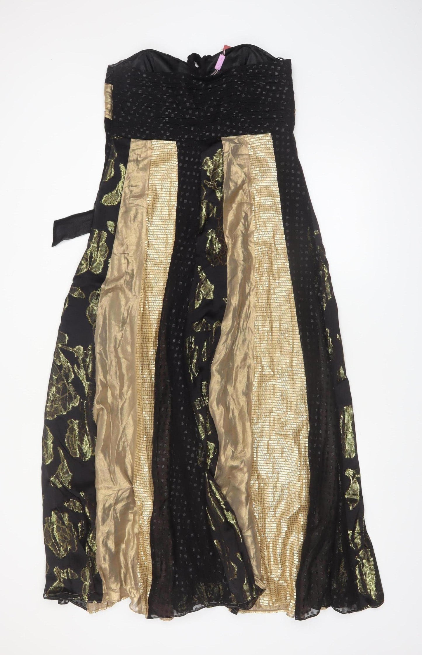 Monsoon Petite Black Gold Silk Strapless Ball Gown Dress UK 12