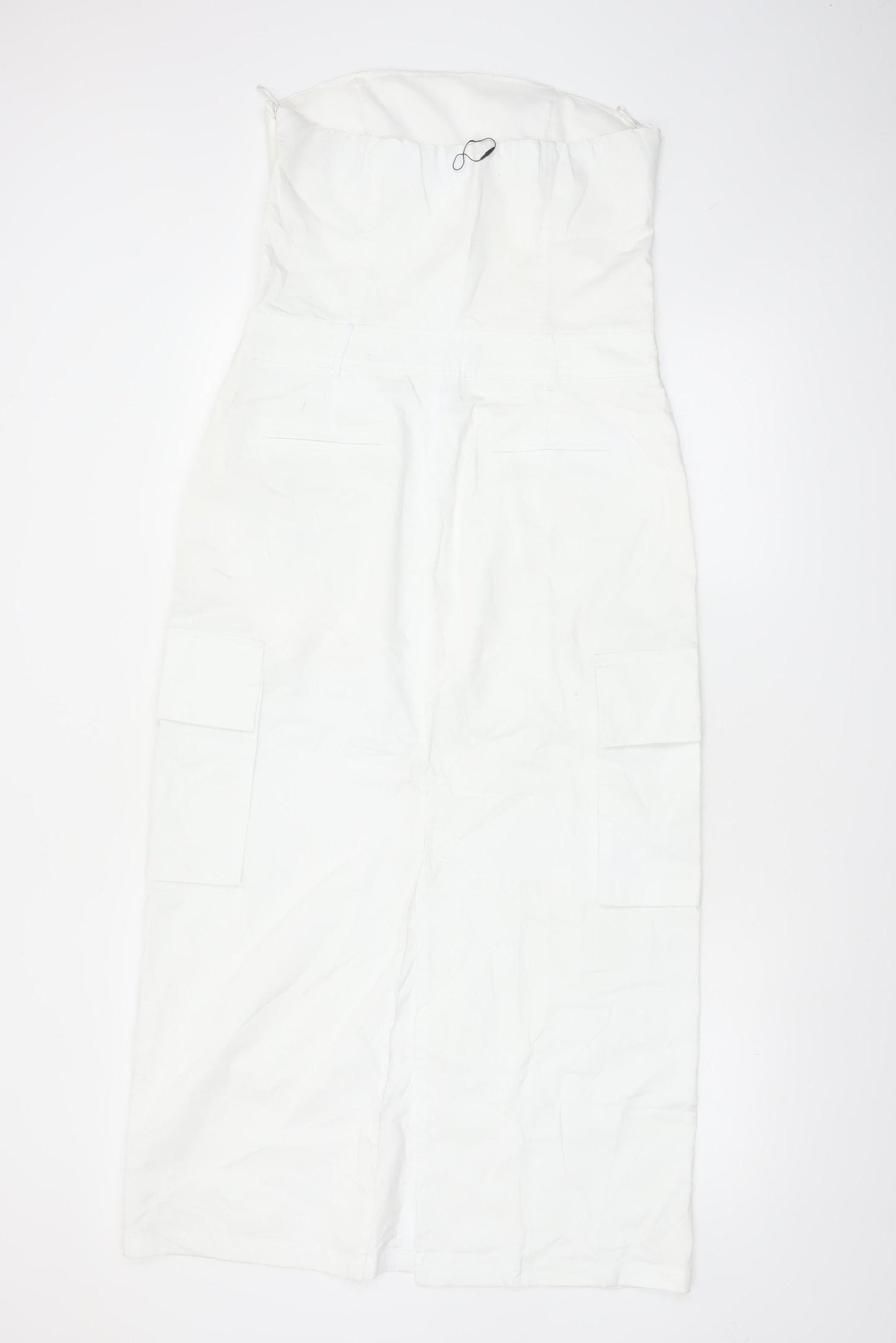 Zara Women White Strapless Midi Dress Size 12 Cotton Pockets
