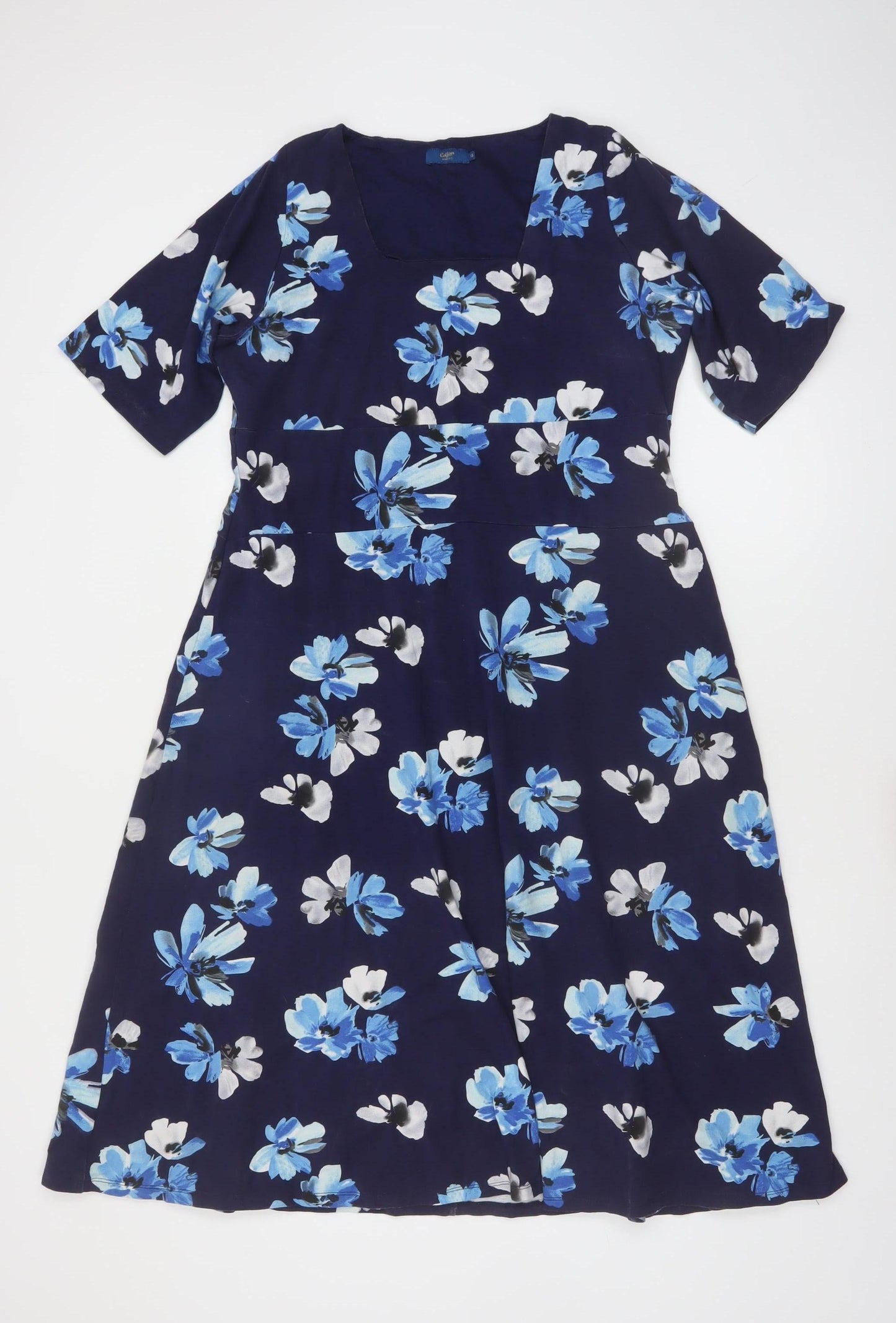 Cotton Traders Women Blue Floral A-Line Knee Length Dress Size 12