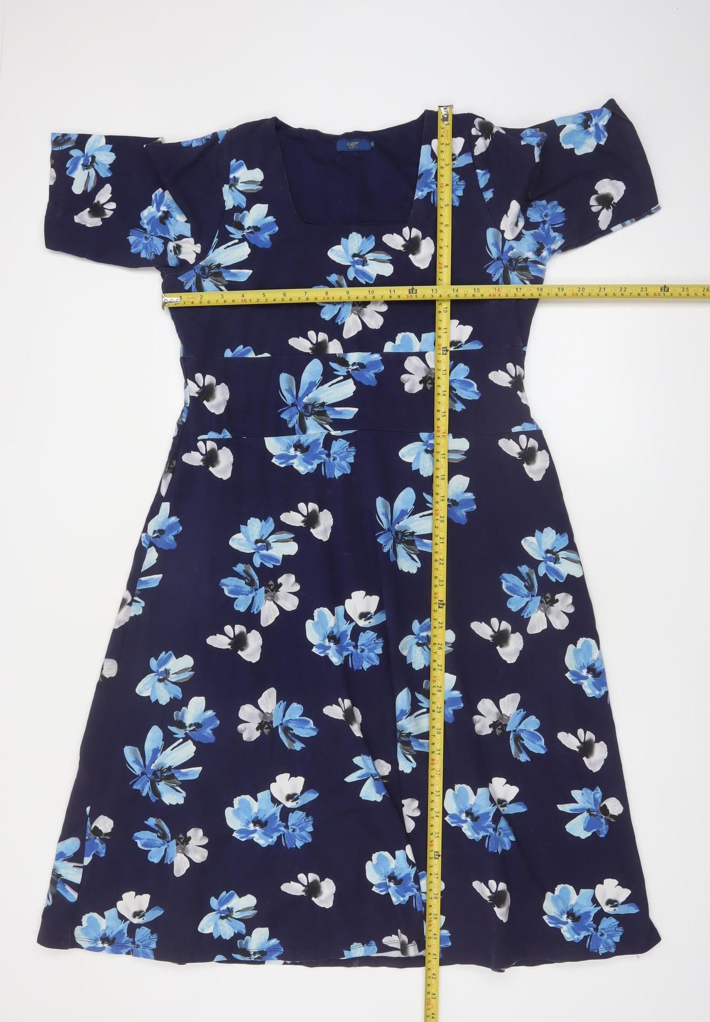 Cotton Traders Women Blue Floral A-Line Knee Length Dress Size 12