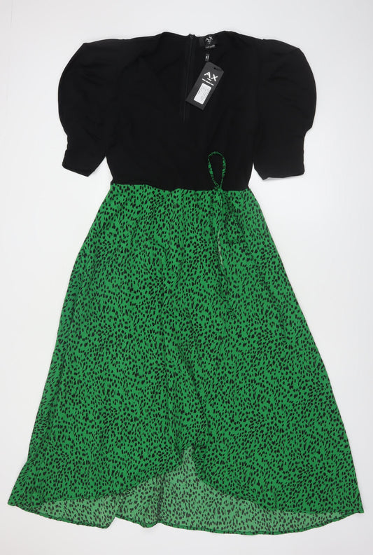 AX Paris Women's Green Animal Print Fit & Flare Midi Dress Size 14
