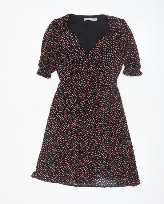 Oasis Women Black Polka Dot Fit & Flare Dress XS V-Neck Puff Sleeve