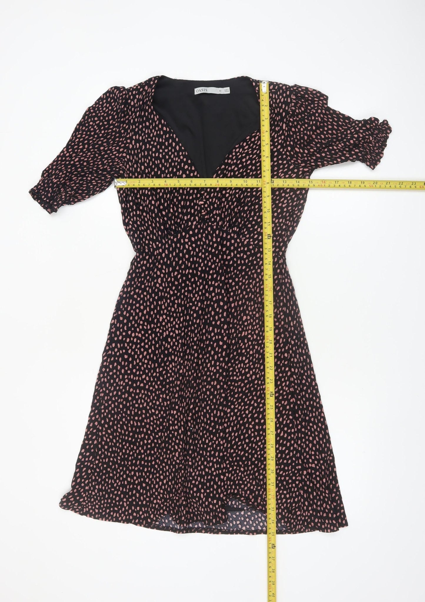 Oasis Women Black Polka Dot Fit & Flare Dress XS V-Neck Puff Sleeve