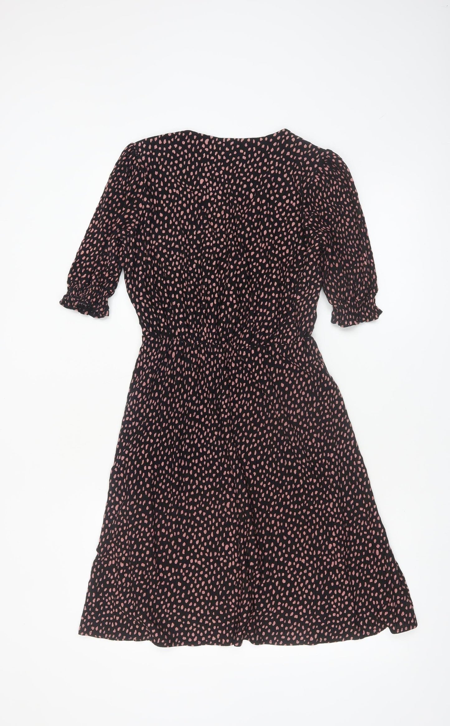 Oasis Women Black Polka Dot Fit & Flare Dress XS V-Neck Puff Sleeve