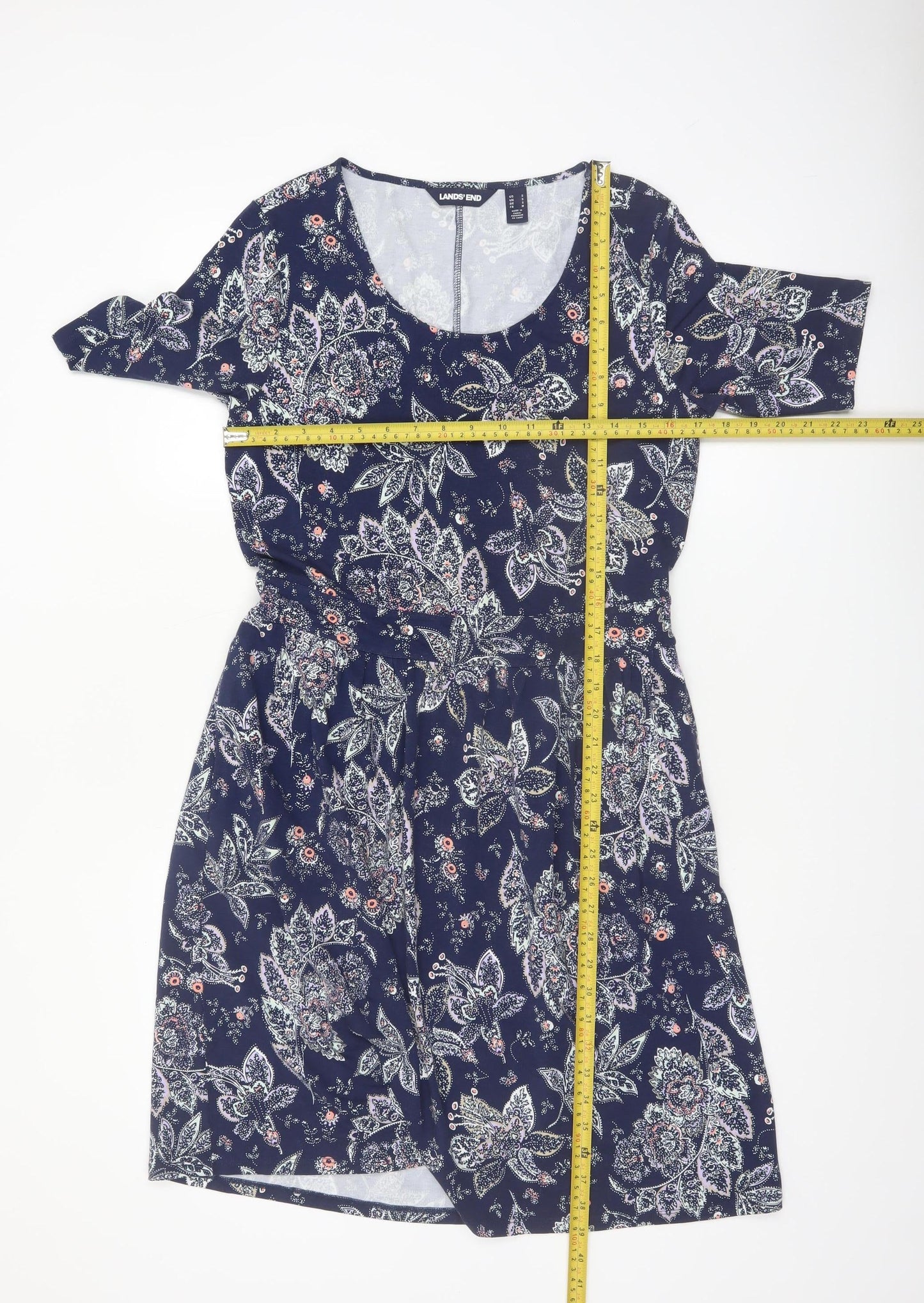 Lands' End Women's Blue Paisley Fit & Flare Cotton Dress S