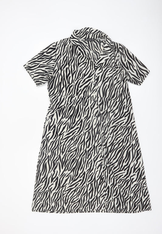 Boohoo Womens Black Zebra Print Shirt Dress Size 12