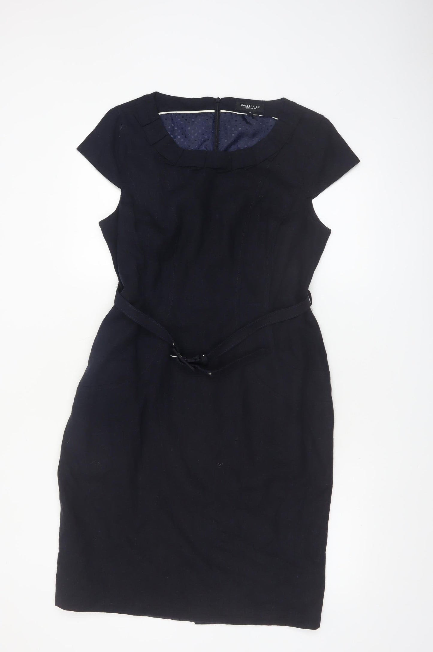 Debenhams Women Navy Linen Sheath Belted Work Dress Size 14