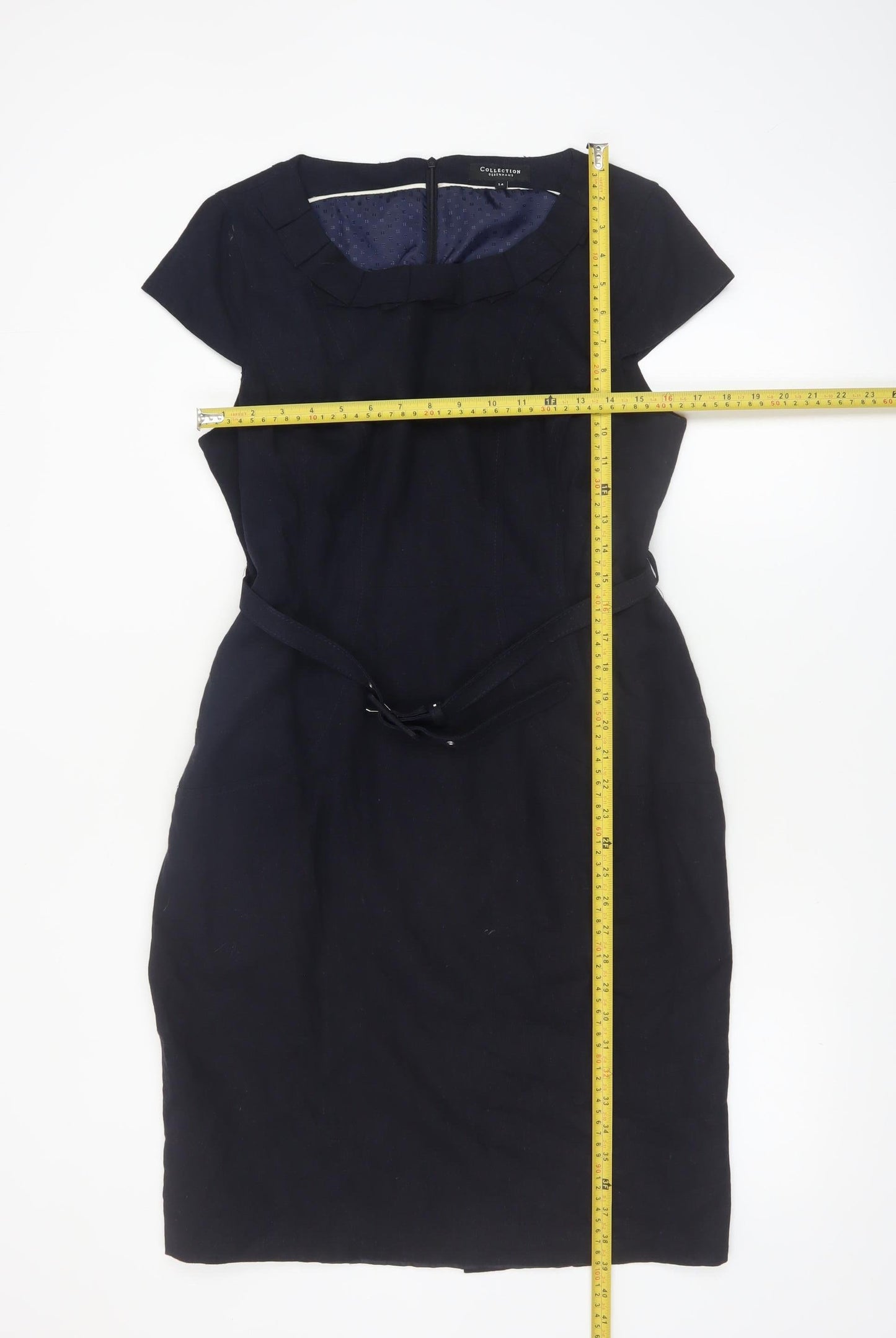 Debenhams Women Navy Linen Sheath Belted Work Dress Size 14
