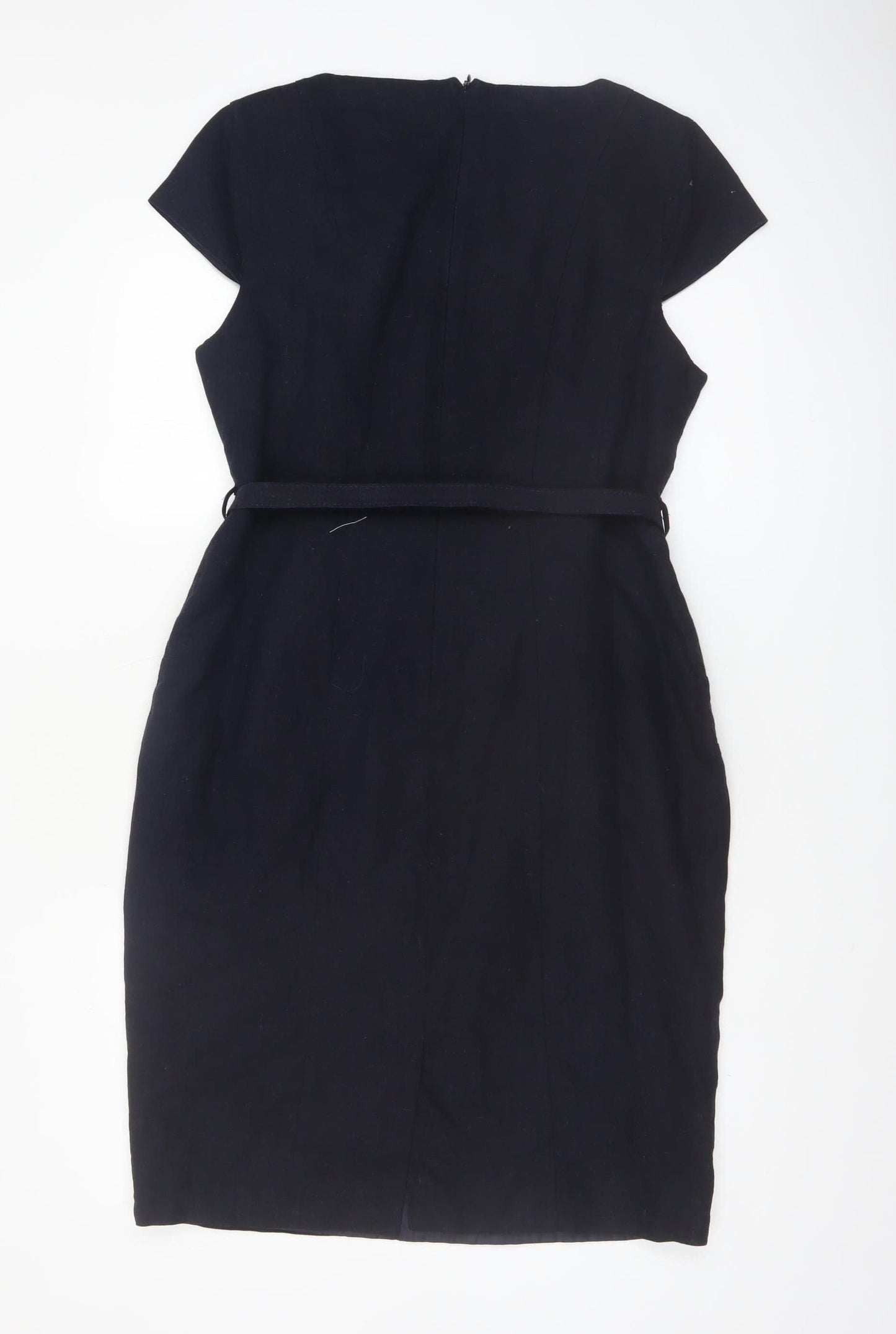 Debenhams Women Navy Linen Sheath Belted Work Dress Size 14