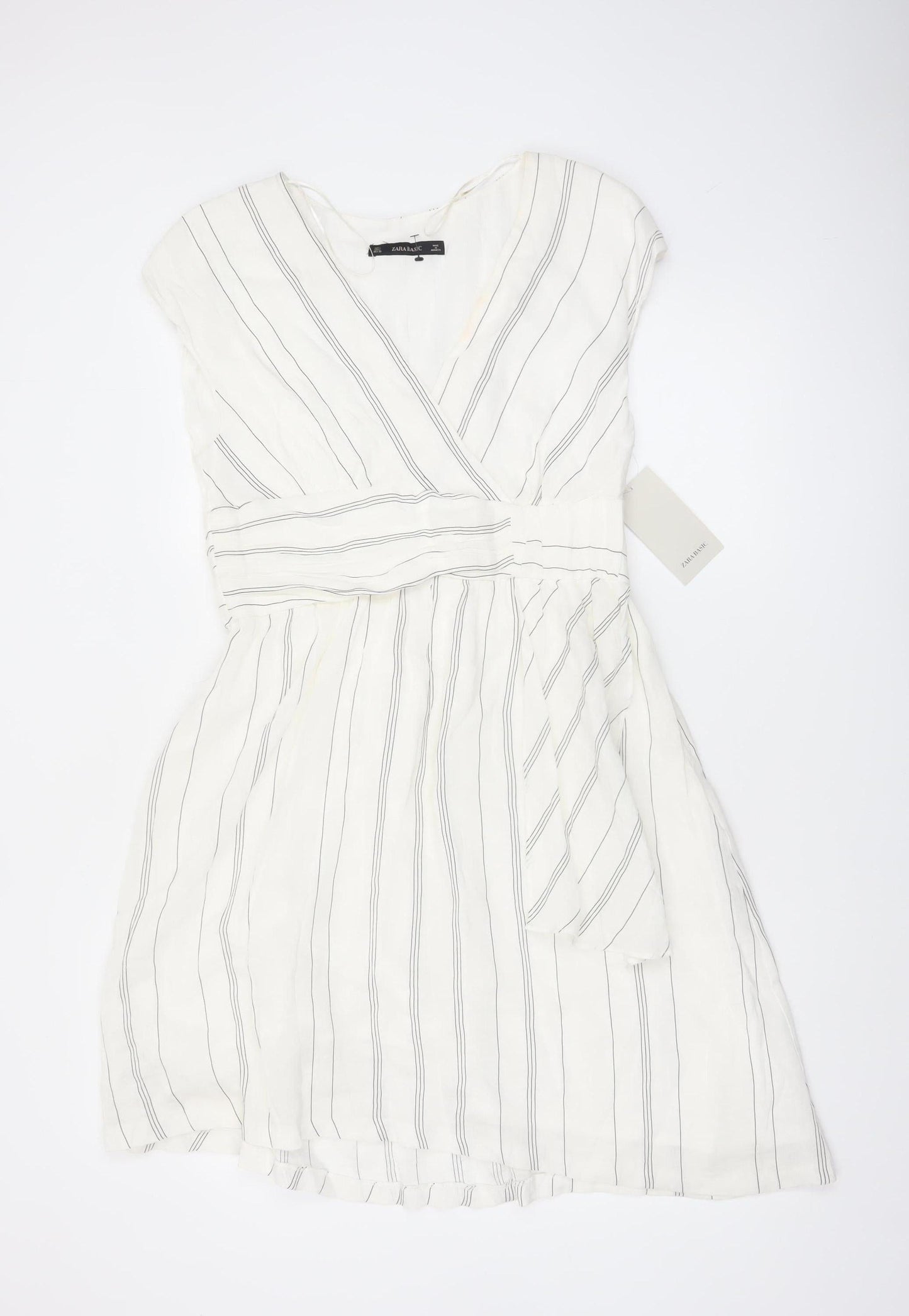 Zara Basic Women Ivory Stripe Linen Wrap Dress Size 14 Knee Length
